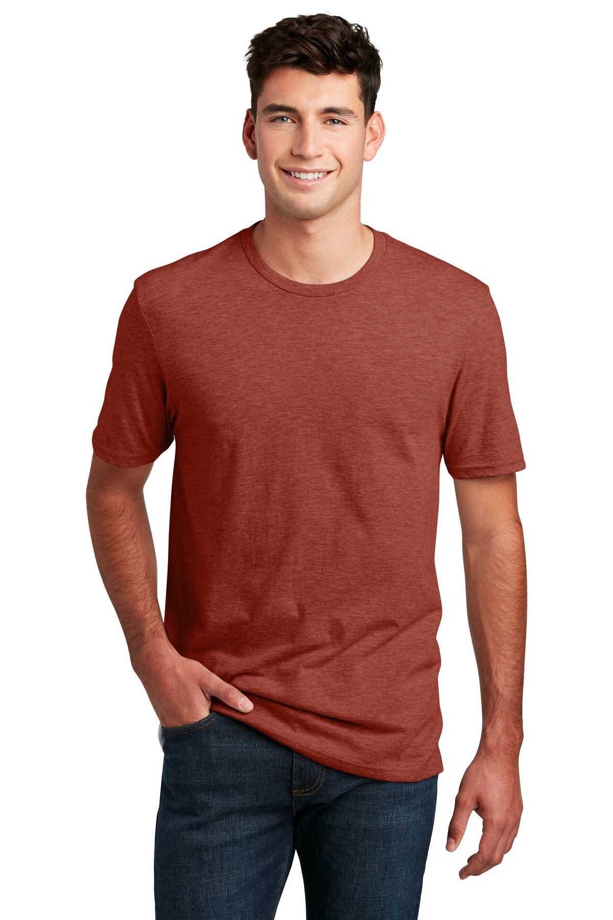 Heathered rust red crewneck CVC tee with short sleeves