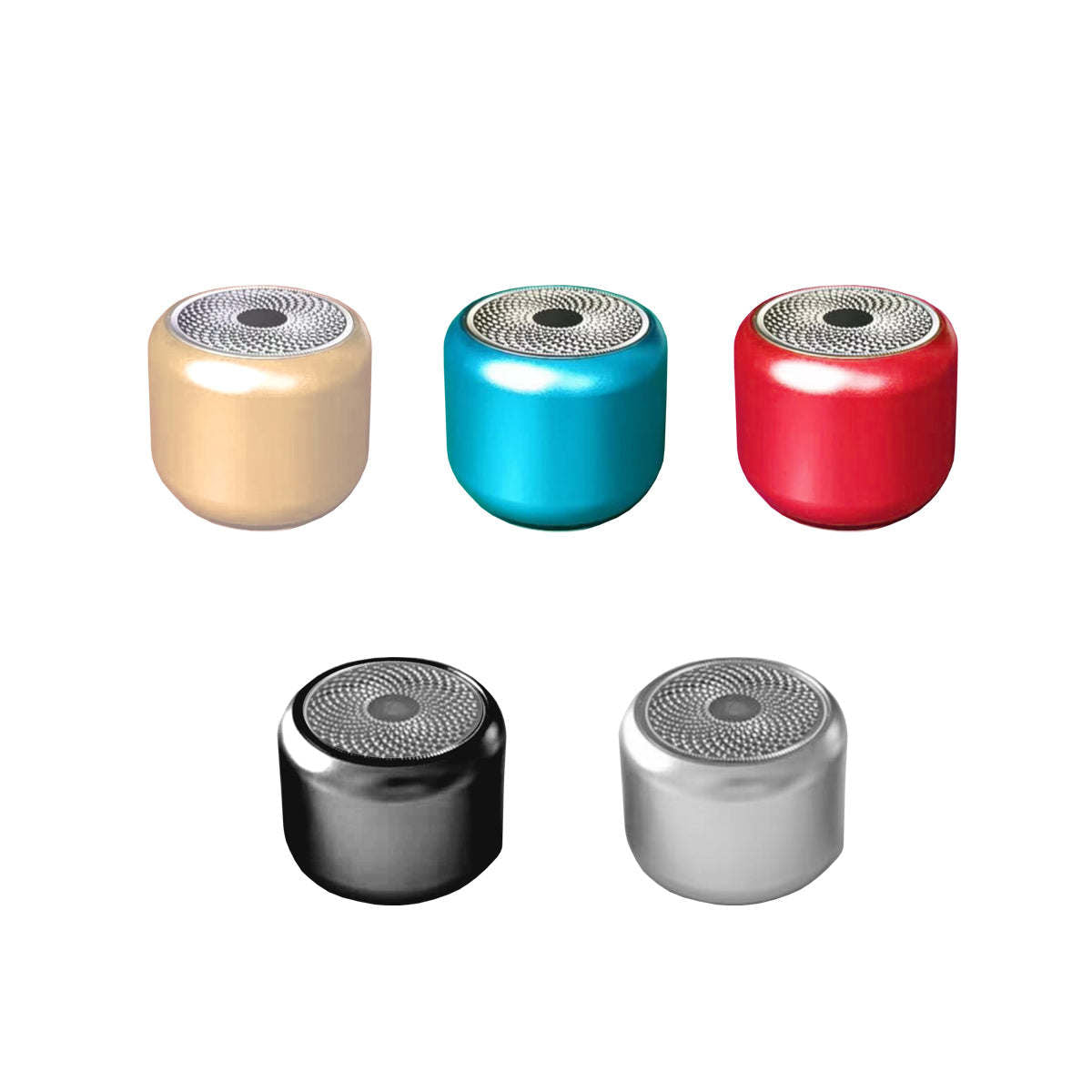 Pocket Bluetooth speaker set with round bodies in gold, turquoise, red, black, and silver