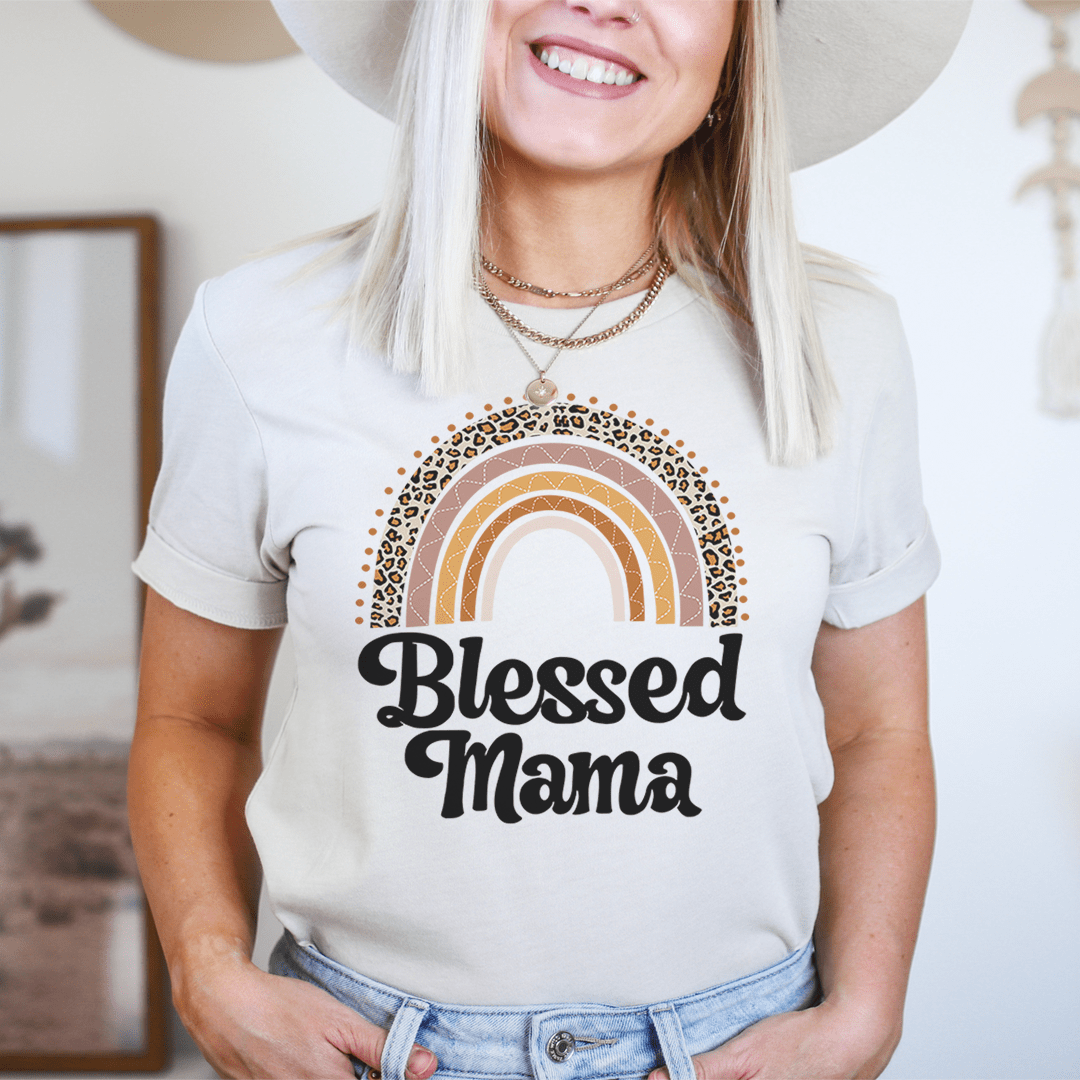 White boho rainbow T-shirt with “Blessed Mama” front graphic