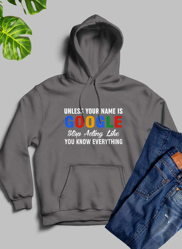 Dark heather hoodie with front pocket and drawstring hood, printed slogan graphic.