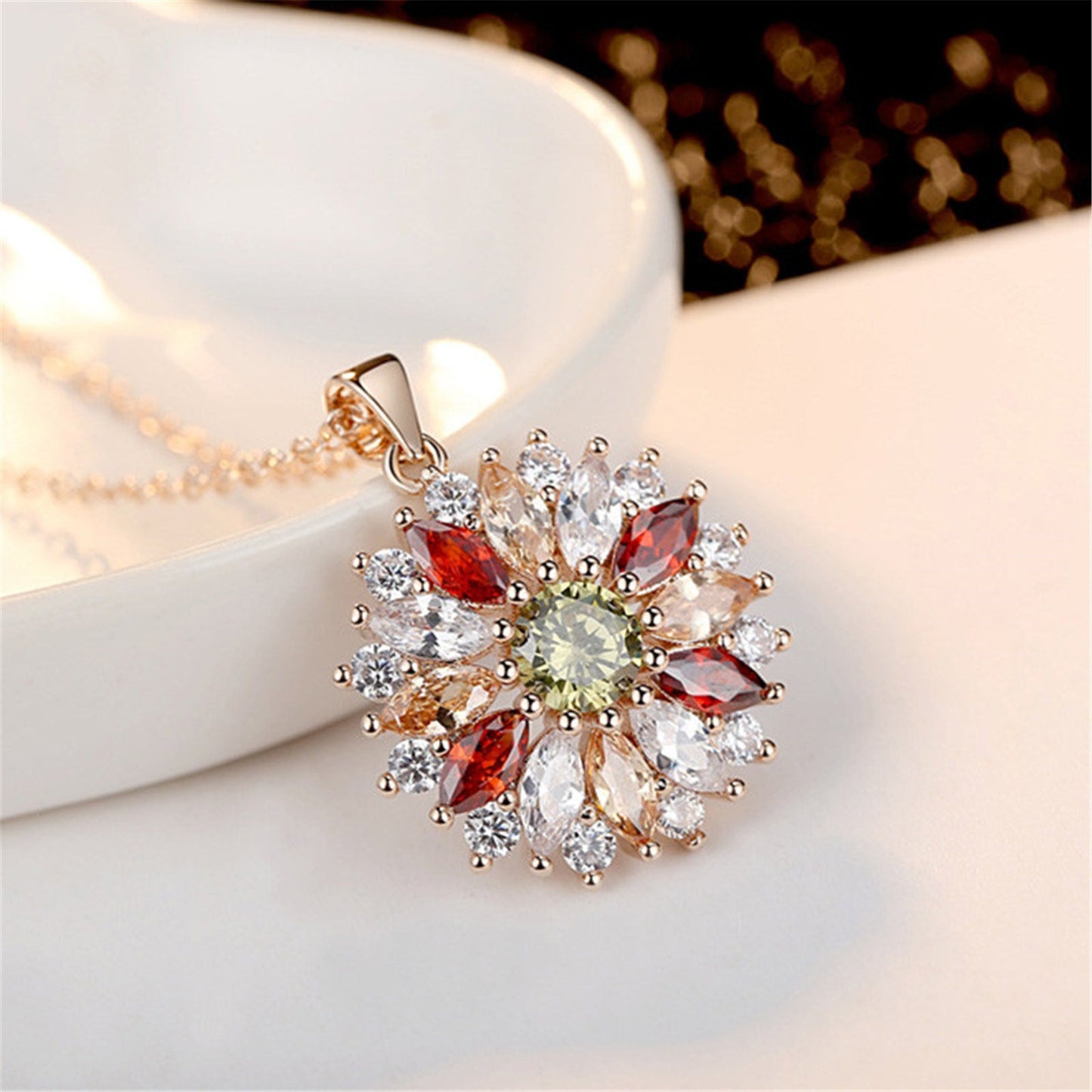 Elegant Temperament Colorful Zircon Flower Women's Pendant Necklace Mother's Day Jewelry