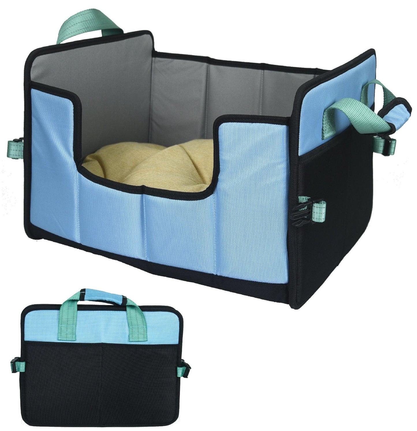 Pet Life Travel-Nest folding pet bed, blue sides with black trim and beige cushion