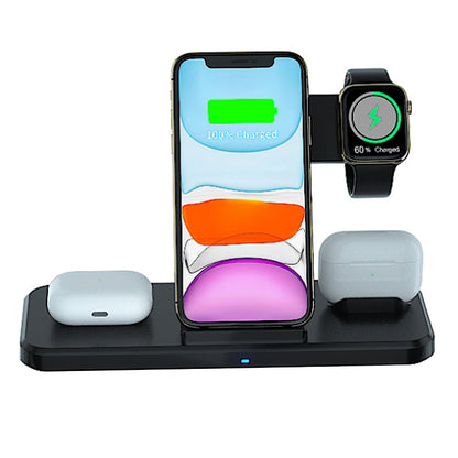 White and black 4-in-1 wireless charging dock holding phone, watch, and earbuds