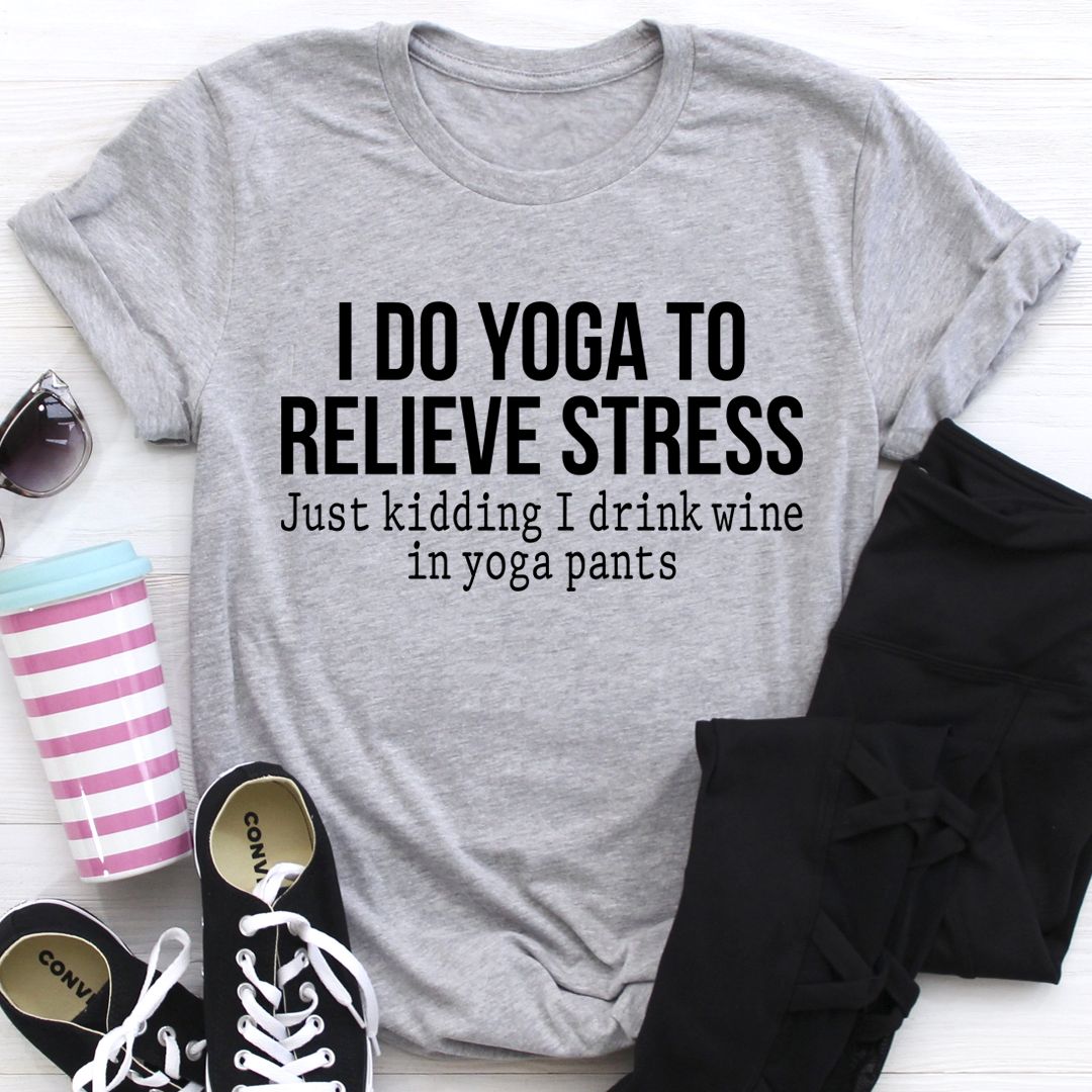 Athletic heather gray crewneck yoga slogan T-shirt with front text: "I DO YOGA TO RELIEVE STRESS"