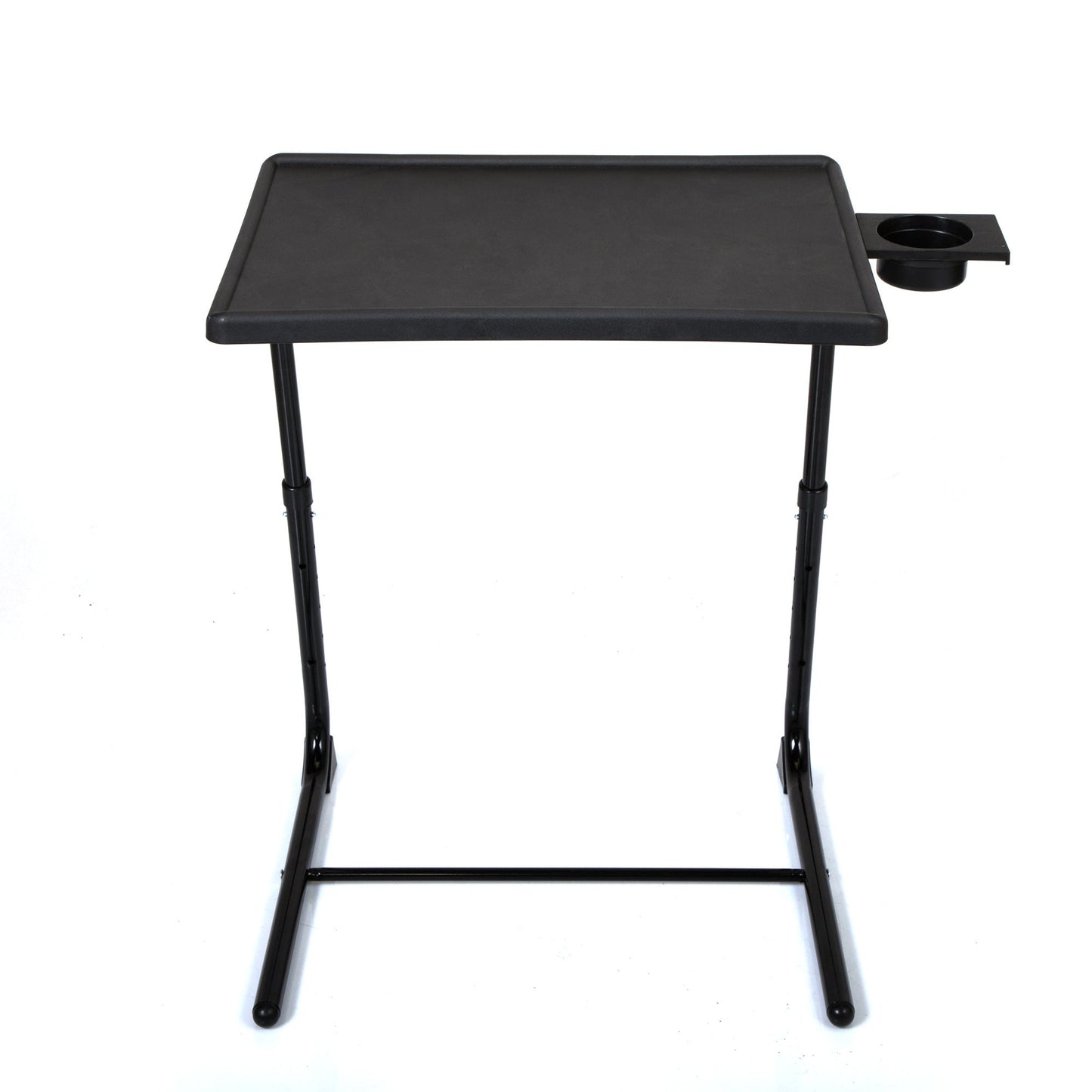 Black standing TV tray table with cup holder on top