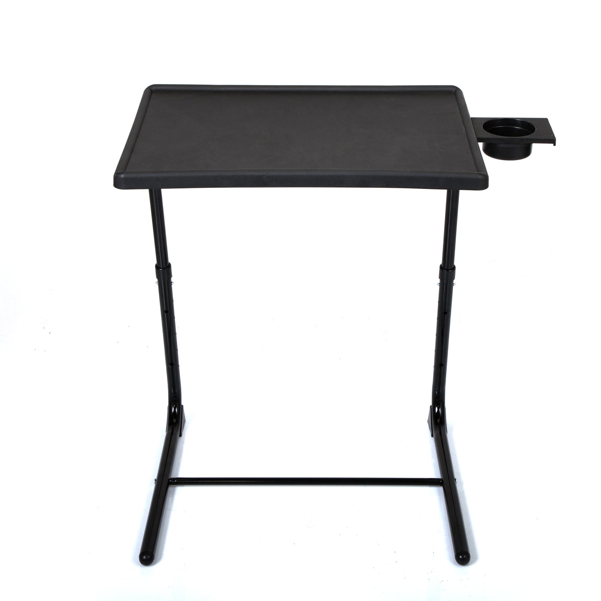Black standing TV tray table with cup holder on top