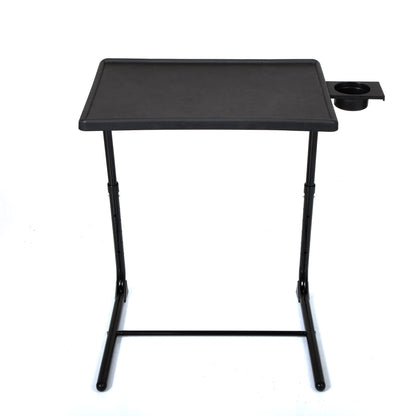 Black standing TV tray table with cup holder on top