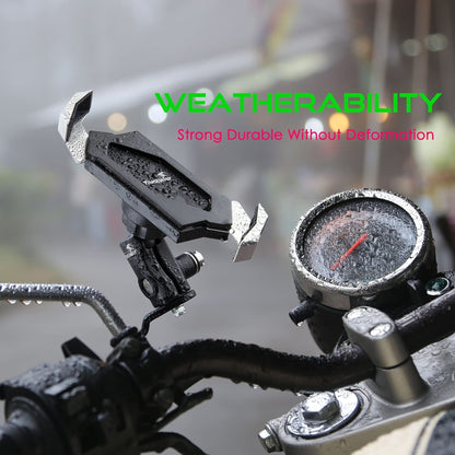 Motorcycle phone mount close-up with rubberized black clamp on handlebars