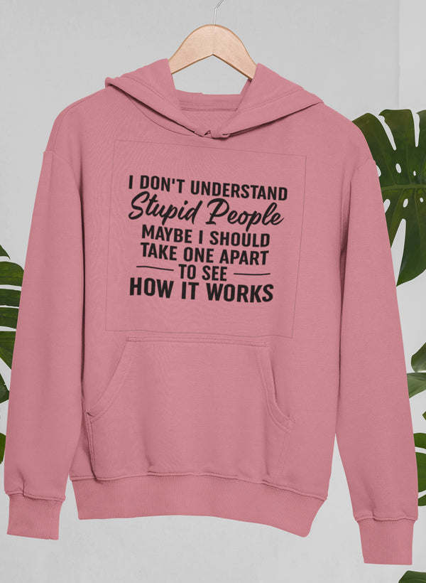 Mauve hoodie with front pocket and hood, graphic text design on chest