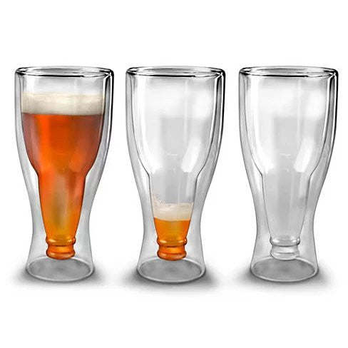 Novelty beer bottle glasses, three tall goblets with amber liquid, including one mostly empty