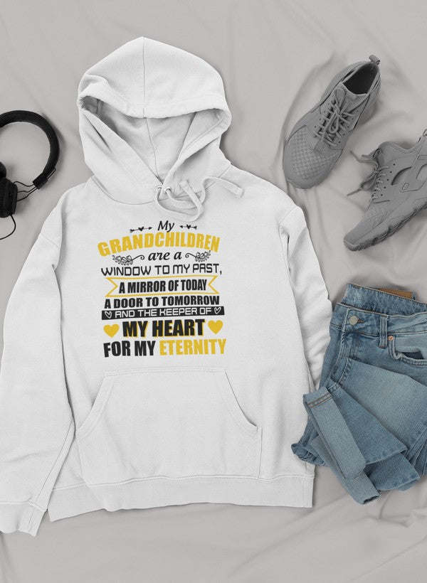 White hoodie with front graphic print, hood, and kangaroo pocket
