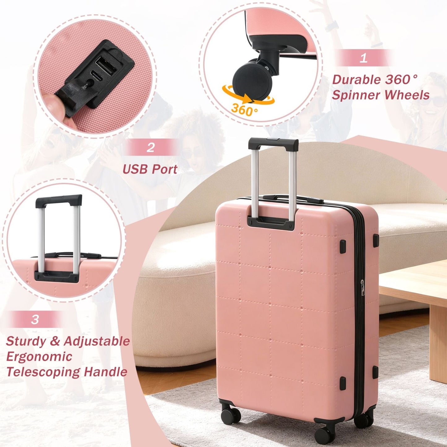 Hardside Luggage Set 5 Piece with Bags,20IN Half-opening Carry on Luggage with USB Port, Expandable 24IN 28IN Luggage with Double Spinner Wheels TSA Lock