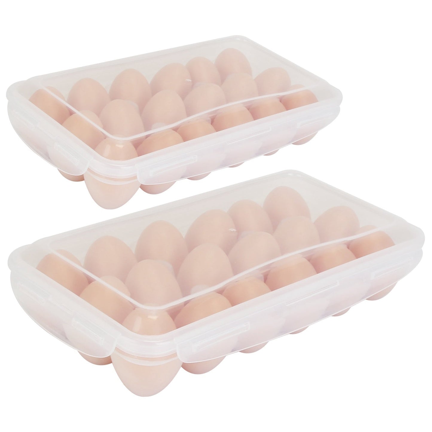 Two stackable clear plastic egg storage boxes with lids, shown together