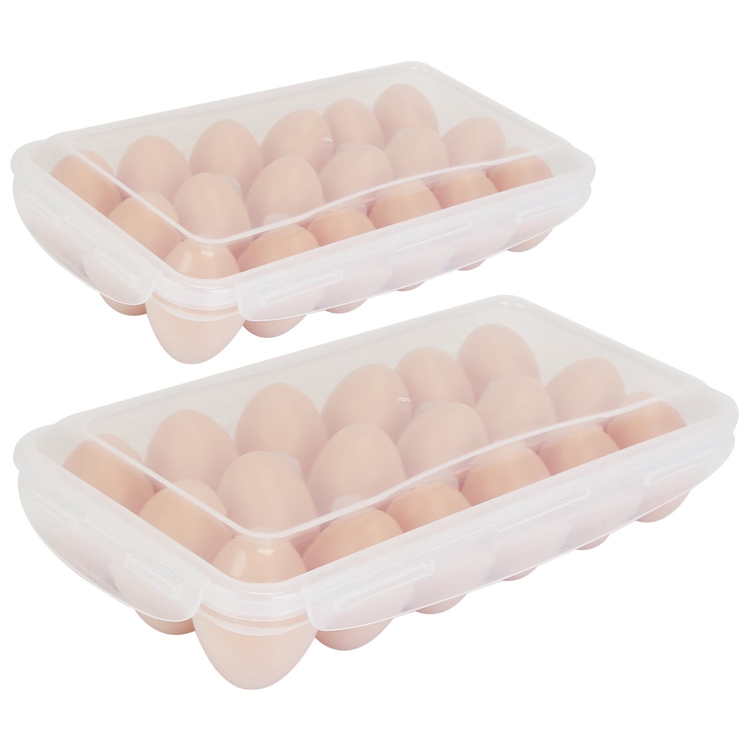 Two stackable clear plastic egg storage boxes with lids, shown together