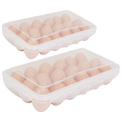 Two stackable clear plastic egg storage boxes with lids, shown together