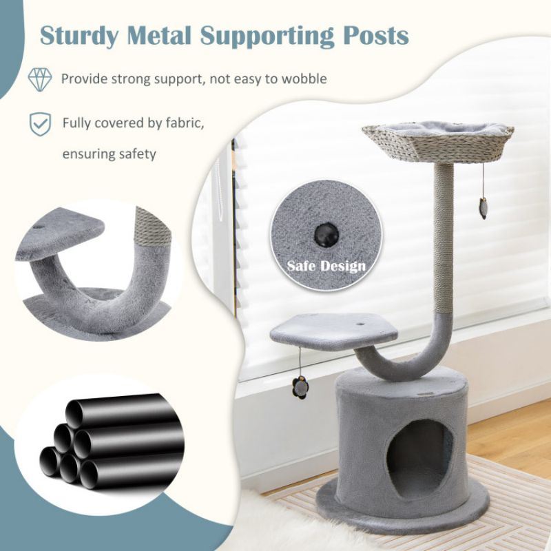 42 Inch Tall Cat Tower with Curved Metal Supporting Frame for Large and Small Cats