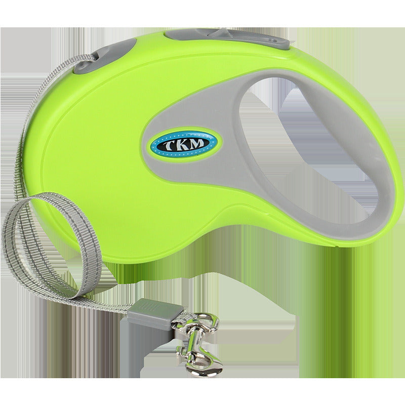 Close-up lime green retractable pet leash reel with gray ribbon and chrome snap hardware