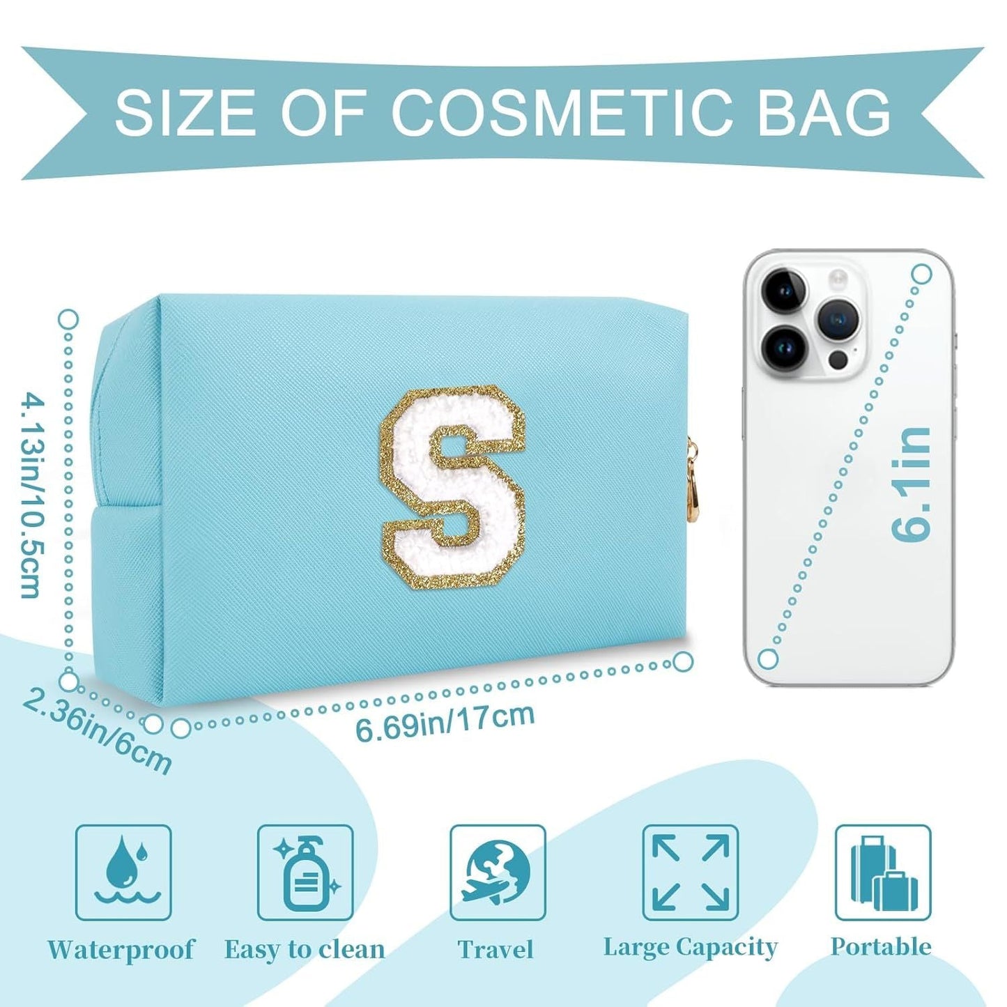 Small Personalized Initial A-Z Preppy Patch Makeup Bag,PU Chenille Letter Travel Cosmetic Pouch with Zipper,Blue Cute Toiletry Bag,Gift Ideal for Teen Girls Women Teacher Bridesmaid,Letter S