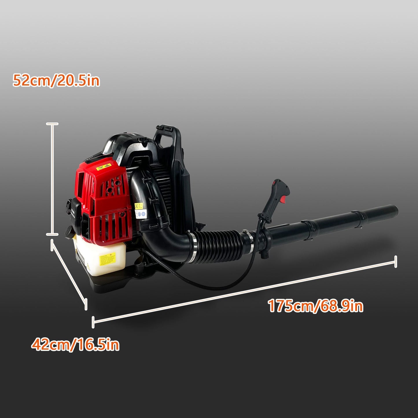 Gas backpack leaf blower with long blower tube and red engine cover