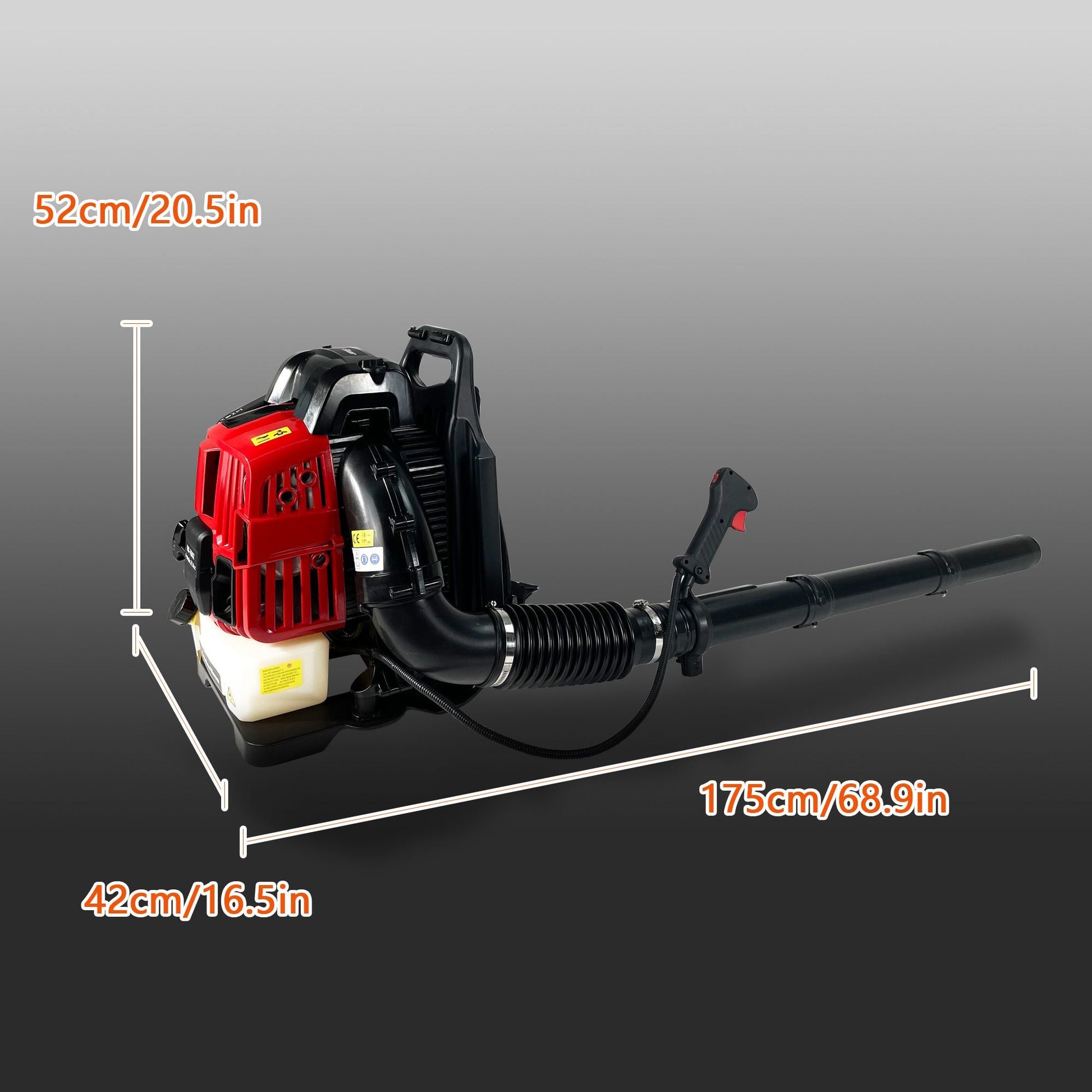 Gas backpack leaf blower with long blower tube and red engine cover