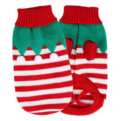 Green knit pet sweater with red-and-white horizontal stripes and snow cap graphic