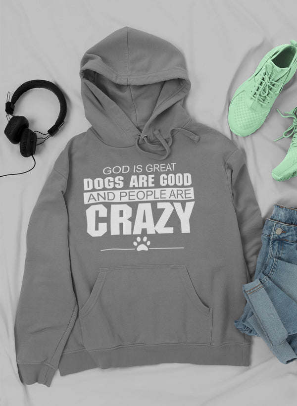 Dark gray hoodie with front text graphic and dog paw icon, pullover hood with drawstrings