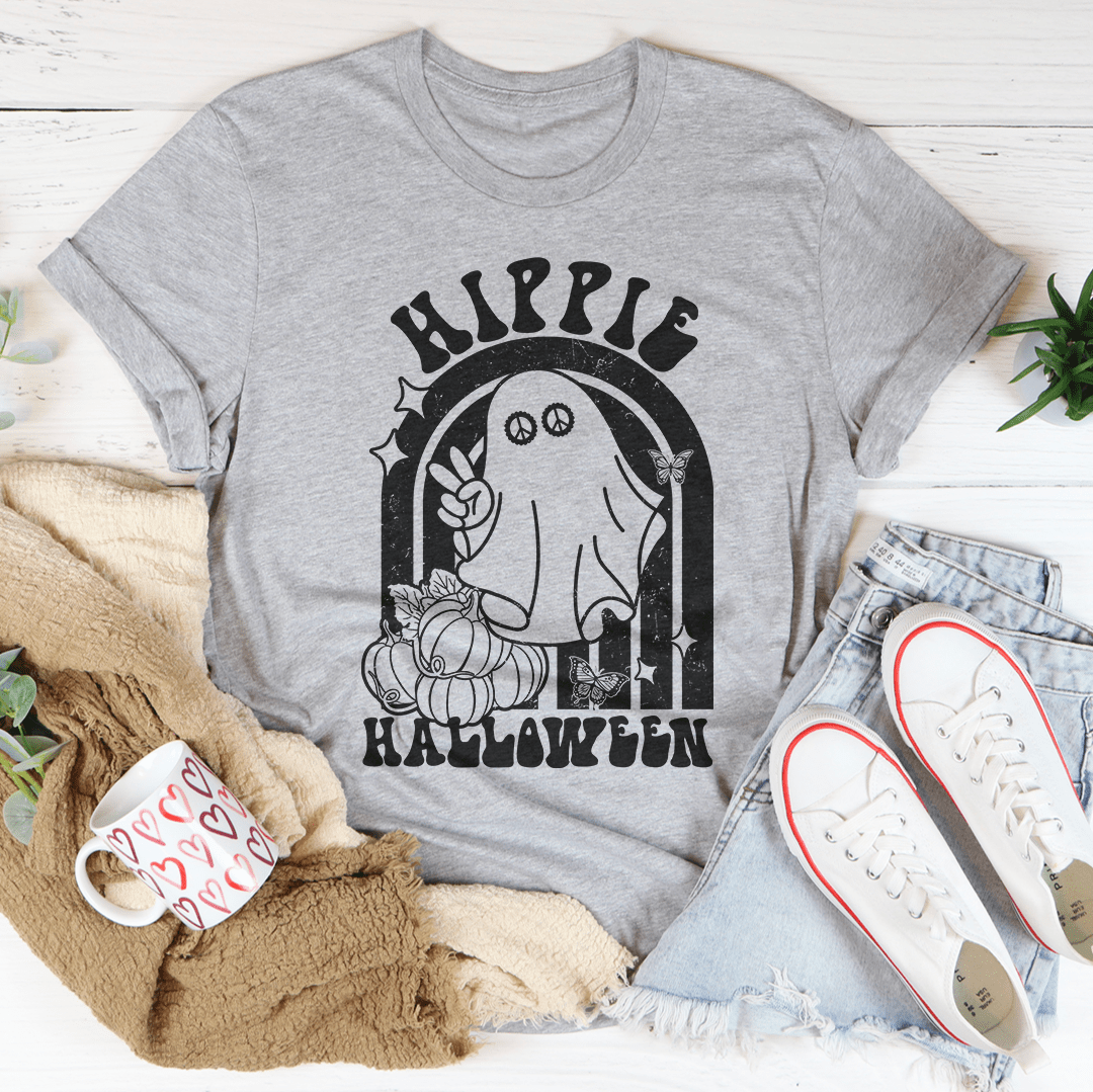 Gray crew-neck T-shirt with black Hippie Halloween arch graphic
