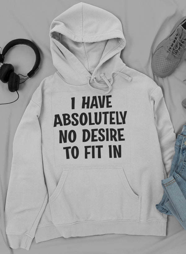 White hoodie with front pocket and drawstring hood, slogan text print