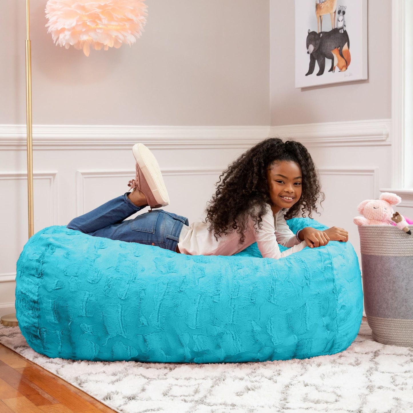 Maui turquoise faux fur bean bag couch, wide rounded shape