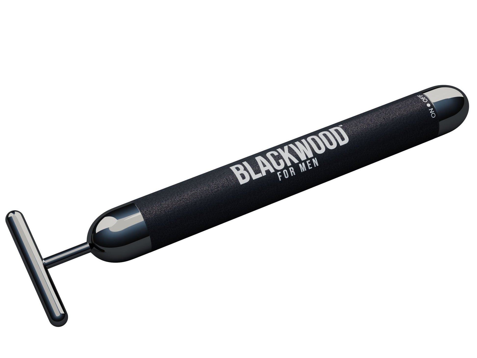 Black facial massager with angled roller end and handle, branded BLACKWOOD