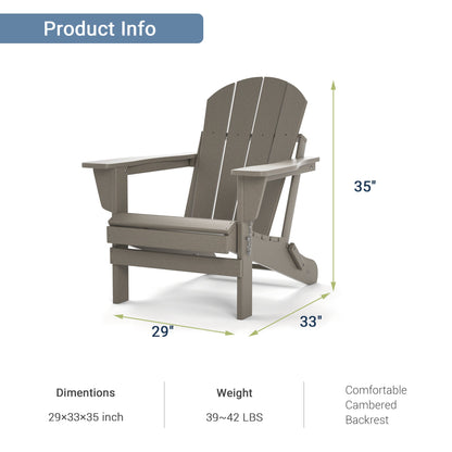 Folding Adirondack-style patio chair with slatted seat and curved back, shown with measurements.