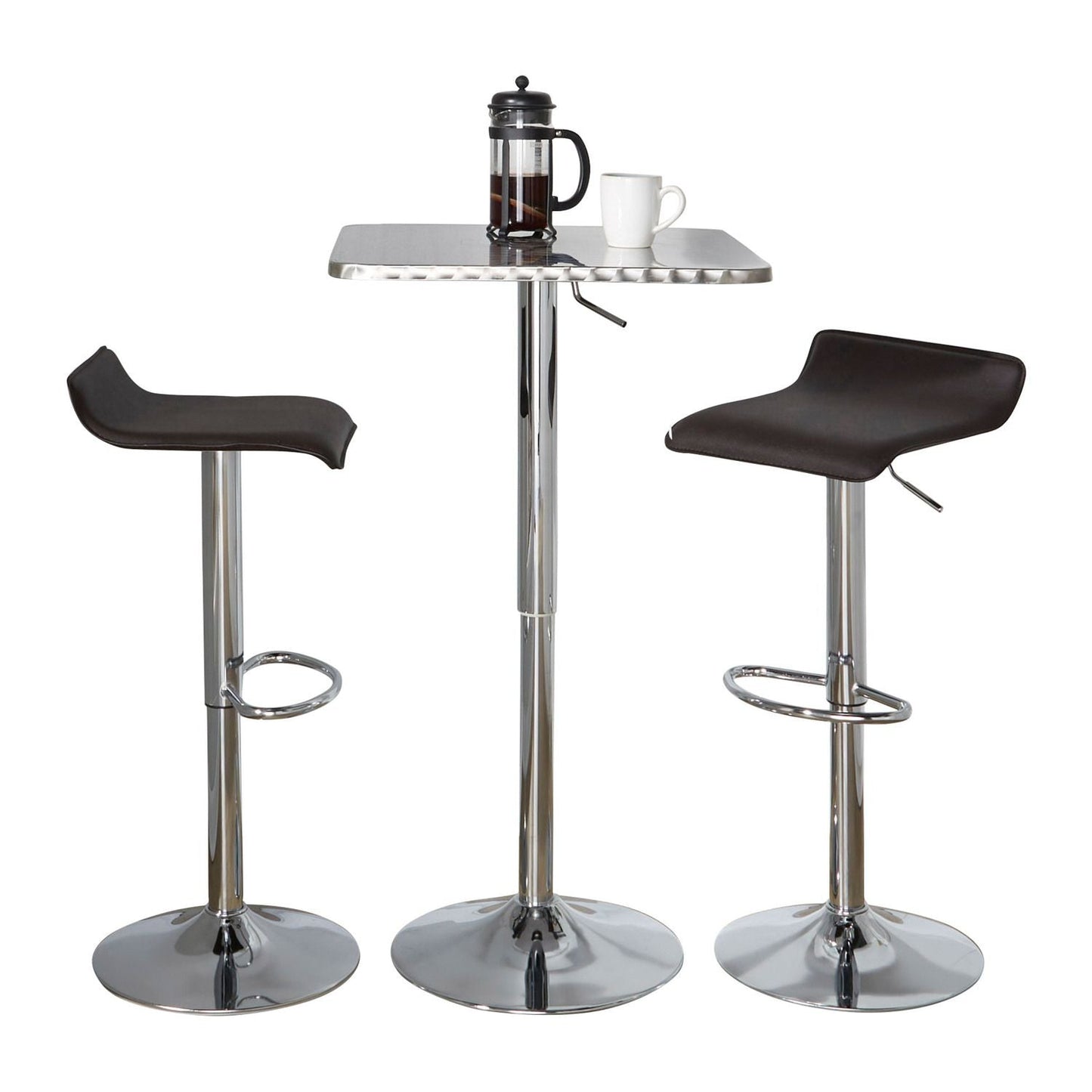 Bistro Square-Ale Contemporary Adjustable Bar Set in Silver and Chrome Metal with Brown PVC and Oval Footrest by - 3 Piece