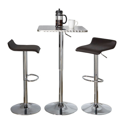 Bistro Square-Ale Contemporary Adjustable Bar Set in Silver and Chrome Metal with Brown PVC and Oval Footrest by - 3 Piece