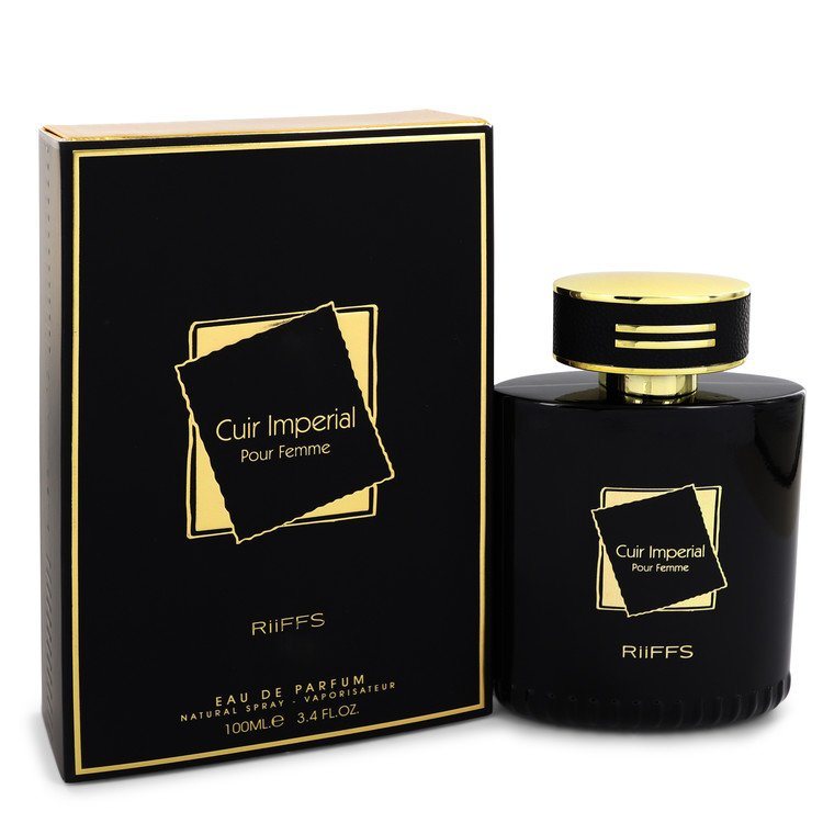 Riiffs Cuir Imperial eau de parfum spray bottle with gold cap and matching box