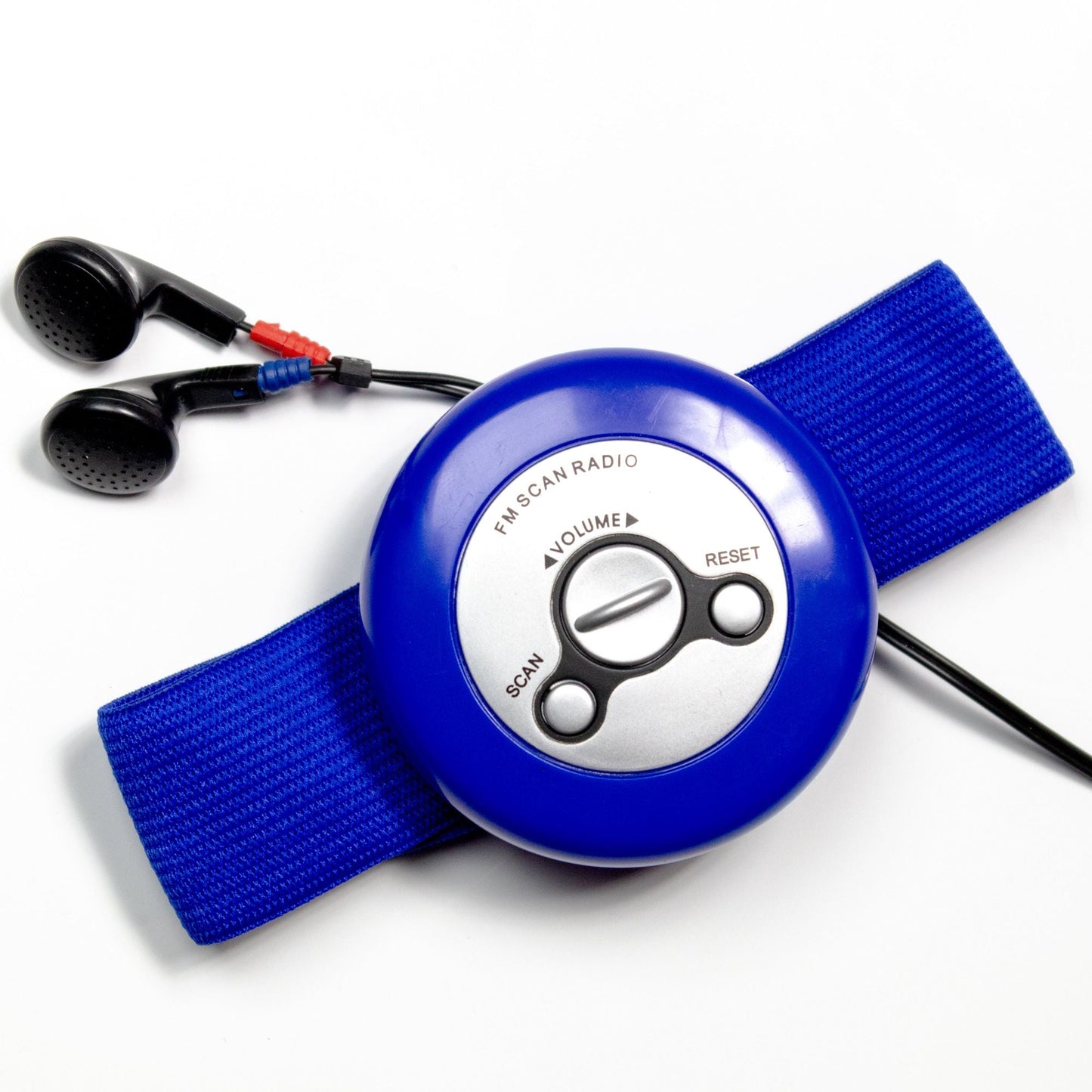 Blue FM radio armband with circular control panel and wired earbud set