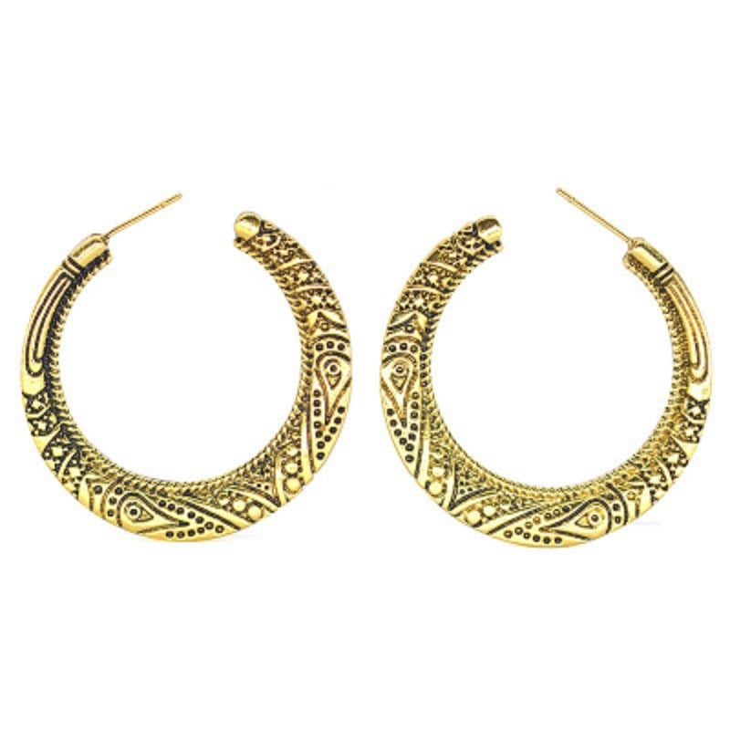 Gold-tone stud hoop earrings with vintage engraved half-round dome design, stud backing