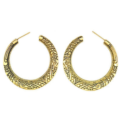Gold-tone stud hoop earrings with vintage engraved half-round dome design, stud backing