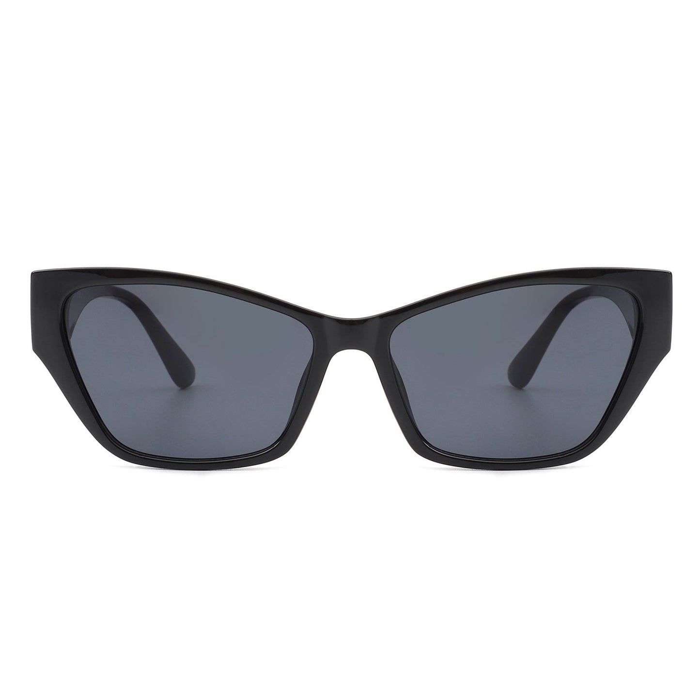Square retro cat-eye sunglasses, black frame, dark tinted lenses, front view