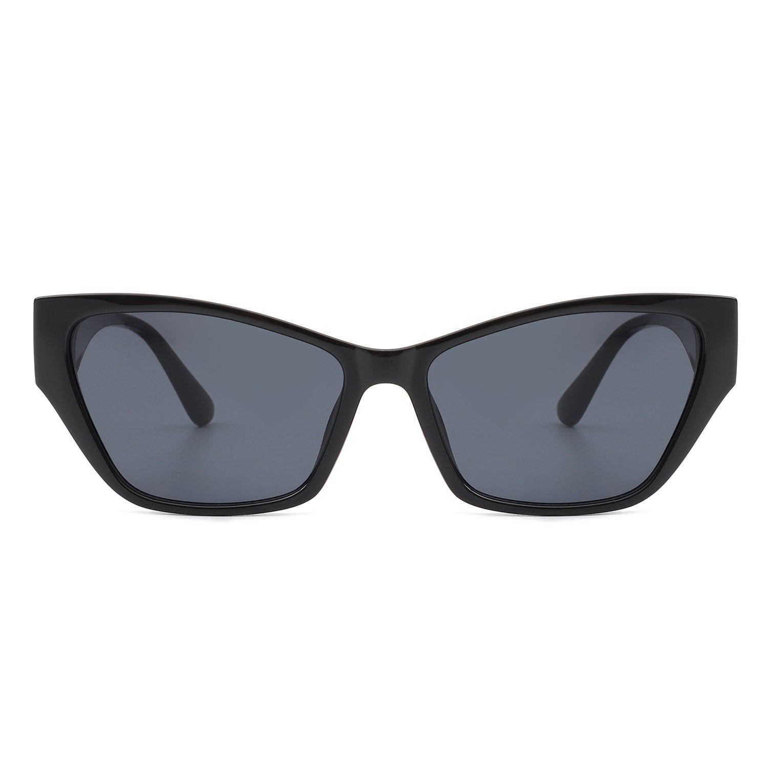 Square retro cat-eye sunglasses, black frame, dark tinted lenses, front view