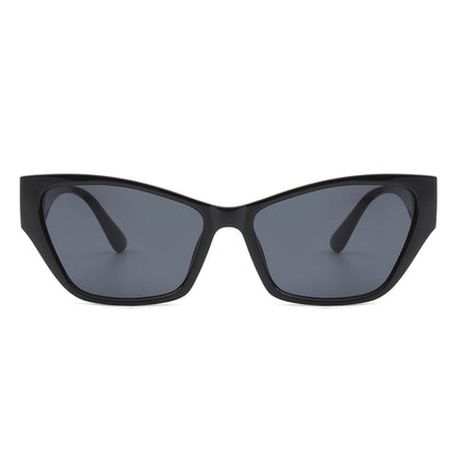 Square retro cat-eye sunglasses, black frame, dark tinted lenses, front view