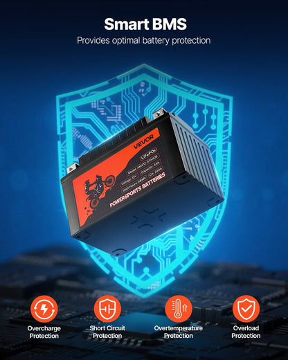 VEVOR LiFePO4 powersports battery with Smart BMS and protection icons