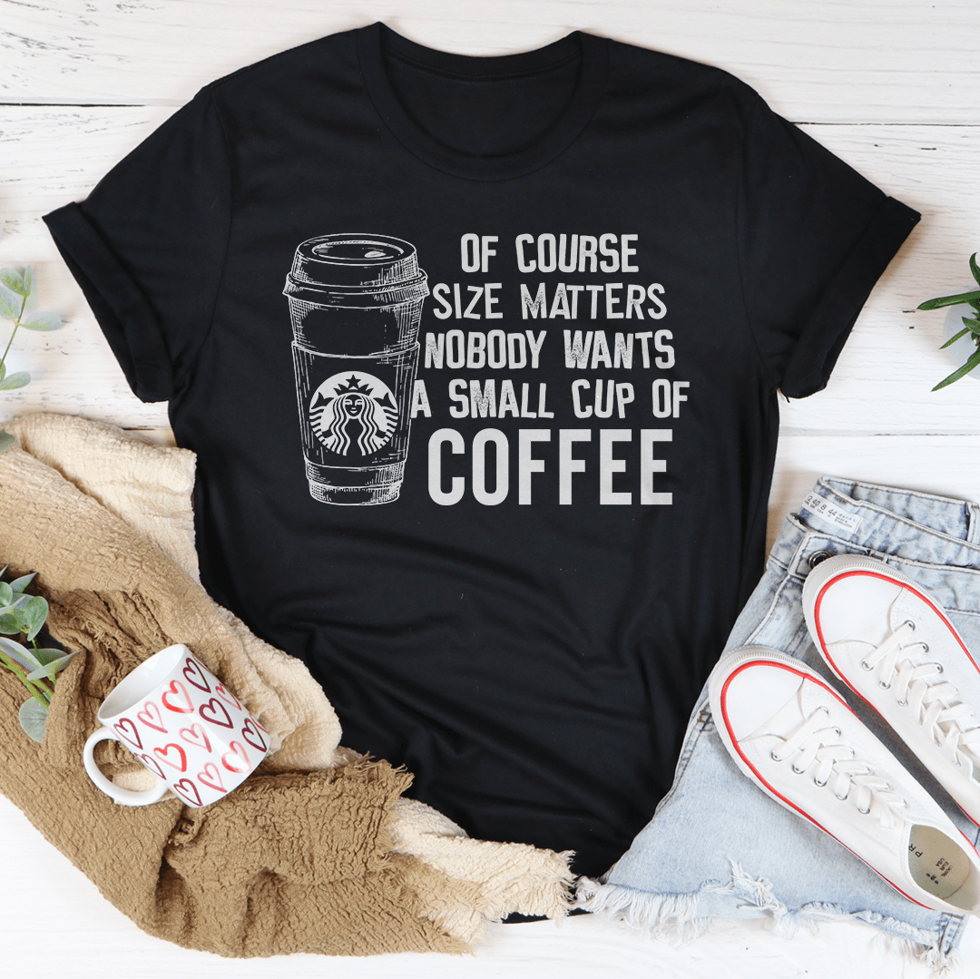 Black short-sleeve T-shirt with coffee cup and text graphic on the chest.