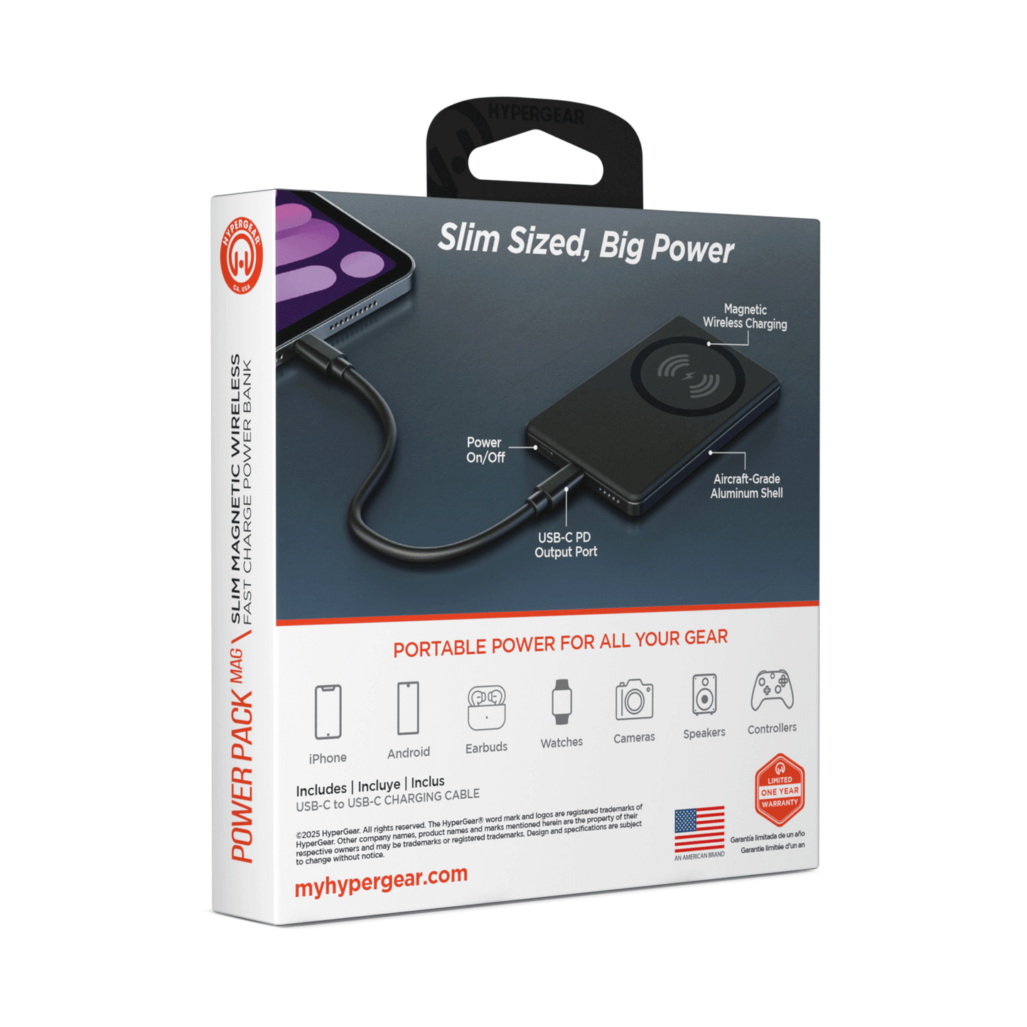 HyperGear PowerPack Mag slim wireless power bank box with feature layout
