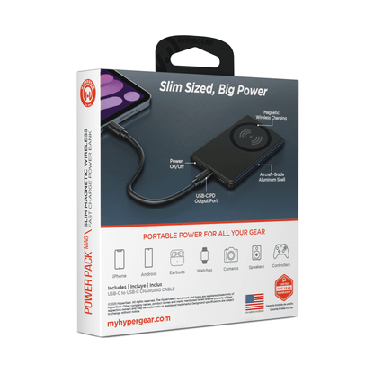 HyperGear PowerPack Mag slim wireless power bank box with feature layout