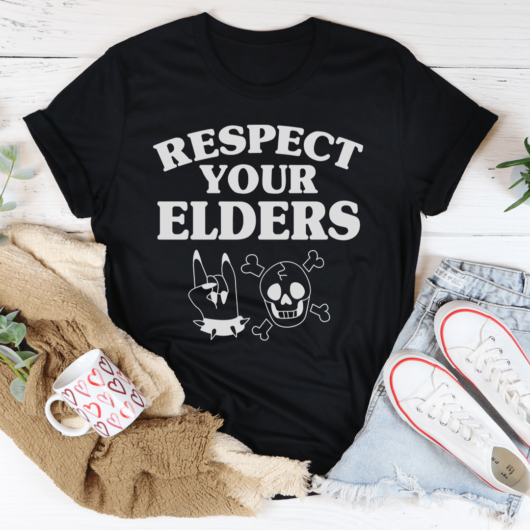 Black t-shirt with RESPECT YOUR ELDERS print and skull icons