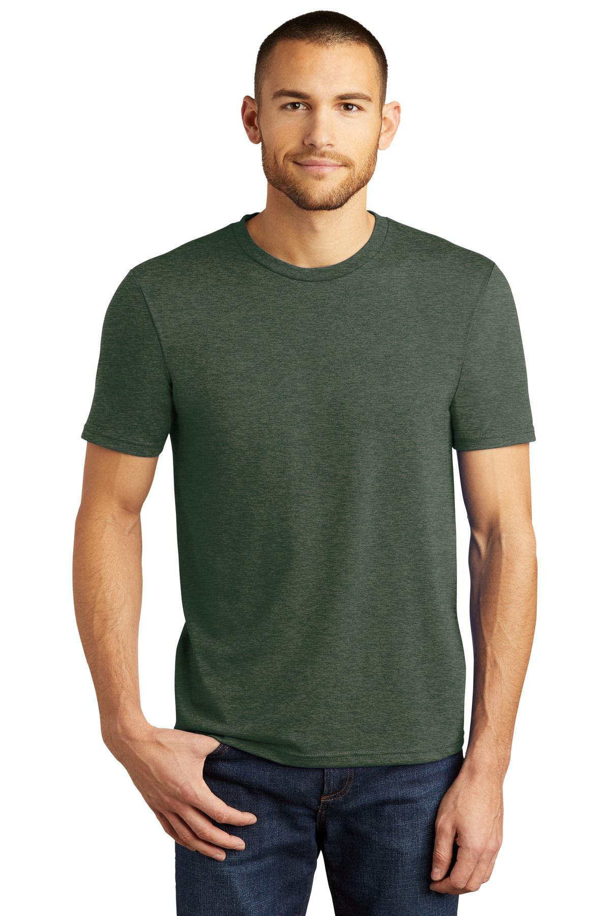 Crewneck tri-blend tee in dark green, short sleeves, straight hem.