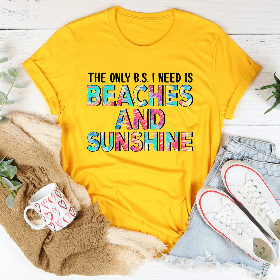 Mustard yellow crew neck T-shirt with colorful "Beaches and Sunshine" graphic