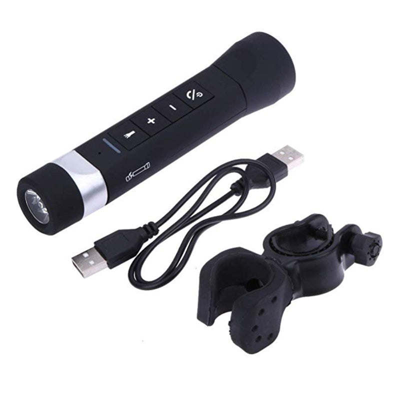 Black flashlight Bluetooth speaker with USB cables and mounting brackets