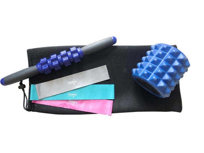 Resistance band and recovery roller set with blue foam roller and handle rollers