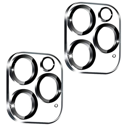 Camera lens protector set, two clear tempered glass pieces with dark ring edges and cutouts